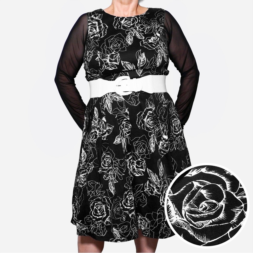 City Chic Black White Floral Fit & Flare Tule Dress 0X L Wedding‎ Guest Pinup